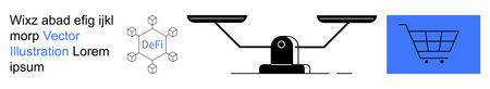 Decentralized economy, financial technology, e-commerce, blockchain transactions, digital innovation, business solutions. Blockchain diagram, a balance scale and a shopping cart icon. Decentralizedのイラスト素材