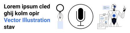 Artificial intelligence, voice technology, data analysis, robotic innovation, digital research, automation. A robot analyzing data, microphone magnifying glass icon. Voice technology and dataのイラスト素材