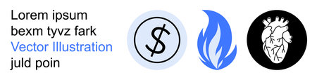 Finance, energy usage, anatomy, health, savings, concept art. Icons include a dollar sign in a circle, a flame and an anatomical heart. Finance and energy usageのイラスト素材