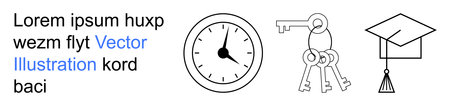 Time management, education, success, achievement, security, access. Black line icons showing a clock, key chain and graduation cap. Time management and education conceptsのイラスト素材
