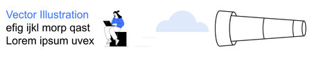 Remote work, online learning, vision, exploration, discovery, futuristic . Woman using laptop, telescope cloud. Remote work and online learning conceptualized with a tech-modern focusのイラスト素材