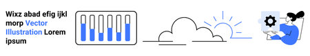 Bar chart, cloud, sun rays, and woman with gear icon tablet. Ideal for data analysis, cloud storage, tech solutions, progress monitoring, innovation teamwork simple landing pageのイラスト素材