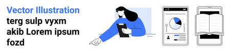 Education, digital analytics, data visualization, online learning, research, mobile technology. Woman interacting with a device, mobile dashboard graphic and open book illustration. Educationのイラスト素材