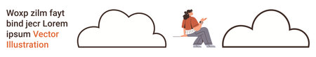 Cloud storage, digital technology, online communication, remote work, connectivity, and modern tools. Woman seated with a tablet between two cloud shapes. Cloud storage and digital technologyのイラスト素材
