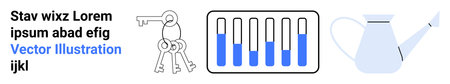 Keys symbolize access or security, progress bar suggests advancement, and watering can implies growth or nurturing. Ideal for concepts thumbs up security, success, sustainability, strategyのイラスト素材