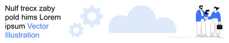 Teamwork, cloud computing, business solutions, data management, collaboration, future technology. Two people shaking hands beside a cloud and gear icons. Teamwork and cloud computing conceptのイラスト素材