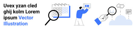 Magnifying glass analyzing calendar, cloud file search, and individual presenting video. Ideal for analytics, research, productivity, presentations, collaboration, strategy planning simple landingのイラスト素材