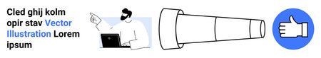 Business strategy, vision, approval, planning, analysis, achievements. Person with laptop points at a telescope and thumbs-up icon. Business strategy and vision conceptsのイラスト素材