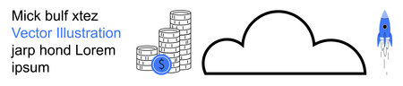 Digital economy, cloud computing, financial growth, online services, innovation, progress. Stacks of coins, a cloud shape and a rocket. Digital economy and cloud computing conceptのイラスト素材