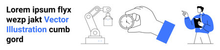 Automation, time efficiency, robotics technology, professional management, task analysis, workplace planning. Robotic arm, hand holding a clock professional holding a clipboard. Automation and timeのイラスト素材