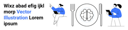 Education, creativity, mindfulness, technology, healthy habits, human behavior. Brain with cutlery, people using tech devices. Education and creativity concepts with modern technologyのイラスト素材