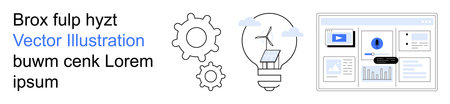 Renewable energy, innovation, tech solutions, web development, digital interfaces, industrial design. Gears, lightbulb with solar panel web dashboard. Renewable energy and innovationのイラスト素材