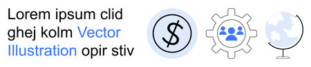 Financial management, teamwork, global business, economics, connectivity, international trade. Dollar sign, gear with people and globe. Finance and teamwork icon conceptsのイラスト素材