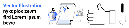 Navigation, tourism, digital services, map planning, user interaction, location data. A person examining digital maps with location markers. Navigation and tourism concept utilizing technology toolsのイラスト素材