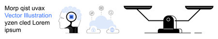 Decision-making, technology, cloud solutions, digital brain, balance, data analysis. Human profile with a brain symbol and cloud icons beside a balance scale. Decision-making and technologyのイラスト素材