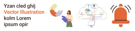 Problem solving, digital networks, notifications, data connectivity, technology management, system alerts. Woman holding puzzle pieces, cloud network and a notification bell. Problem solvingのイラスト素材