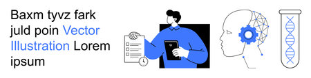 Scientific research, biotechnology, artificial intelligence, data analysis, innovation, technical documentation. Human head with gears, DNA helix character holding a tablet. Biotechnologyのイラスト素材