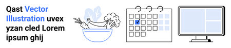 Time management, meal planning, organization, productivity, healthy habits, digital tools. Bowl of vegetables, calendar computer screen. Time management and meal planning conceptのイラスト素材