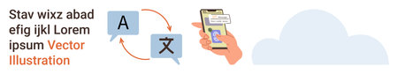 Language translation, communication services, global technology, app usability, cloud storage, digital interaction. Smartphone with text translation and language icons. Language translationのイラスト素材