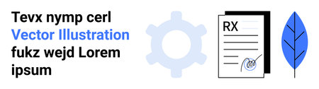 Health care, prescription management, modern medicine, eco-conscious treatment, medical documentation, system workflows. A prescription paper, gear icon and blue leaf design. Health careのイラスト素材