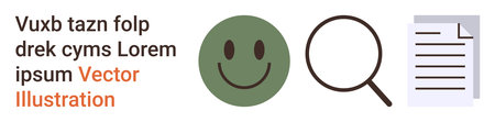 Feedback evaluation, research, data analysis, user interface, productivity, document review. Circular happy face, magnifying glass to a paper document. Feedback evaluation and research conceptsのイラスト素材