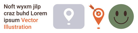 Navigation, location marking, positive emotions, gamification, success, self-improvement. Minimalist map pin, target with arrow and smiling face icons. Navigation and location markingのイラスト素材
