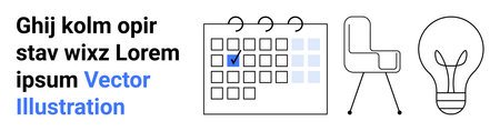 Productivity, creativity, workplace organization, scheduling, planning, innovation. Minimalist calendar with a checkmark, office chair and light bulb outline. Productivity and creativity conceptのイラスト素材