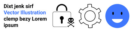 Lock with keyhole and skull, gear, and blue happy face highlight cybersecurity, system functionality, risk assessment, user experience, identity, secure access and technology themes. Idealのイラスト素材