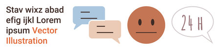 Communication, messaging platforms, customer service, 24-hour support, emotions, chat. Neutral face with speech bubbles and 24-hour text. Communication and messaging platforms conceptのイラスト素材
