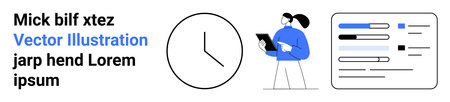 Time management, productivity, organization, business planning, workflow, digital tools. Clock, person using tablet data visualization elements. Time management and productivity conceptのイラスト素材