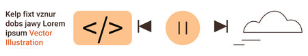 Web development, coding process, cloud storage, data transfer, software execution, workflow. Symbols include code snippet, pause button arrows and cloud design. Coding process and cloud storageのイラスト素材