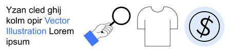 E-commerce, retail industry, product inspection, financial transactions, shopping, consumer goods. Hand holding magnifying glass, T-shirt and dollar sign on light background. E-commerce and retailのイラスト素材