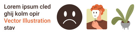 Emotional states, identity, self-expression, psychology, mental health, growth. Sad face icon, masked man potted plant. Emotional states and identity conceptのイラスト素材
