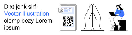 Technology, remote work, security systems, QR code scanning, mobile data, digital interactions. QR code on a phone, hands clasped person using a laptop. Technology and remote work conceptのイラスト素材