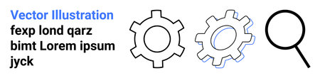 Two outlined gear mechanisms and a magnifying glass symbolizing productivity, optimization, analysis, teamwork, technology, problem-solving, innovation. Ideal for tech reports, simple landing pageのイラスト素材