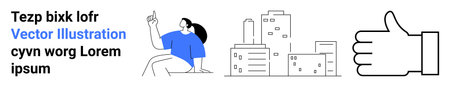 Social approval, urban living, communication, modern concepts, acceptance, digital interaction. Woman seated next to urban cityscape and thumbs-up symbol. Social approval and urban living conceptのイラスト素材