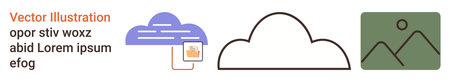 Cloud computing, data storage, digital access, technology visualization, online platforms, minimalist art. Features cloud icons and file storage graphics. Cloud computing and data storage conceptのイラスト素材