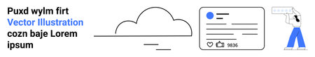Cloud computing, online profiles, social networks, interaction, technology, and connectivity. Minimalist cloud illustration, social media and hand interface element. Cloud computing and socialのイラスト素材