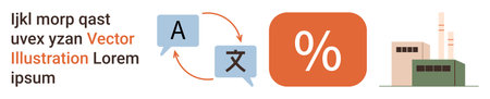 Language learning, translation services, percentage calculations, industrial growth, globalization, production systems. Speech bubbles with language symbols, percentage sign, and factory graphicのイラスト素材