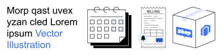 Business planning, e-commerce, online shopping, billing, logistics, financial tracking. Calendar with dates, detailed invoice and shop-labeled package. Business planning and e-commerce conceptのイラスト素材