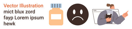 Healthcare, mental health, emotional support, medication, therapy, wellbeing. A medication bottle, sad face emotion and a woman holding a clipboard and presenting. Healthcare and mental healthのイラスト素材