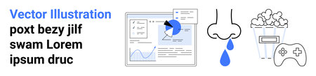 Business analytics, health awareness, gaming, statistics, entertainment concepts, and technology integration. Charts, nasal drops symbols popcorn and a gaming controller are . Data analysisのイラスト素材