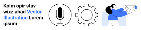 Communications, technology, email services, automation, digital interactions, modern workplace. Microphone and gear icons with a person sending an email. Communications and technologyのイラスト素材