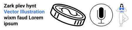 Financial services, technology, mindfulness, health, media, meditation. Dollar coin, microphone and meditating figure. Financial services and media meet mindfulness in health and wellnessのイラスト素材