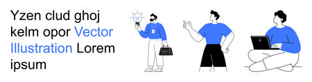 Team collaboration, innovation, business strategy, remote work, creative brainstorming, digital productivity. Characters with laptops, lightbulb gesture. Collaboration and innovation conceptのイラスト素材