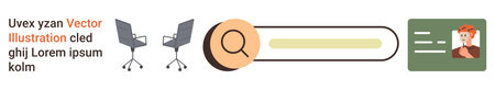 Business solutions, digital identity, human resources, workplace management, online directories, user search tools. Office chairs, a magnifying glass search bar and a profile card. Businessのイラスト素材