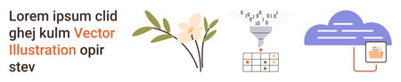 Cloud computing, data organization, content creation, digital services, nature, UI design. Floral branch, data funnel with grid digital cloud icon. Cloud computing and data organization conceptのイラスト素材