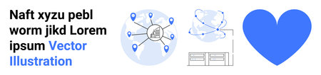 Supply chain, logistics, global communication, connectivity, inventory management, teamwork. Visual elements include a heart, connected global nodes and a warehouse. Supply chain and logisticsのイラスト素材