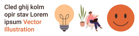 Innovation, positivity, work from home, creativity, productivity, modern living. Light bulb, smiling face woman typing near plant. Innovation and positivity conceptのイラスト素材