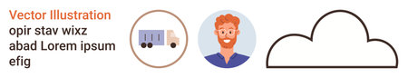 Logistics, weather forecasting, user profiles, delivery services, environmental monitoring, digital platforms. A truck icon, a smiling man avatar and a cloud outline. Logistics and user profilesのイラスト素材